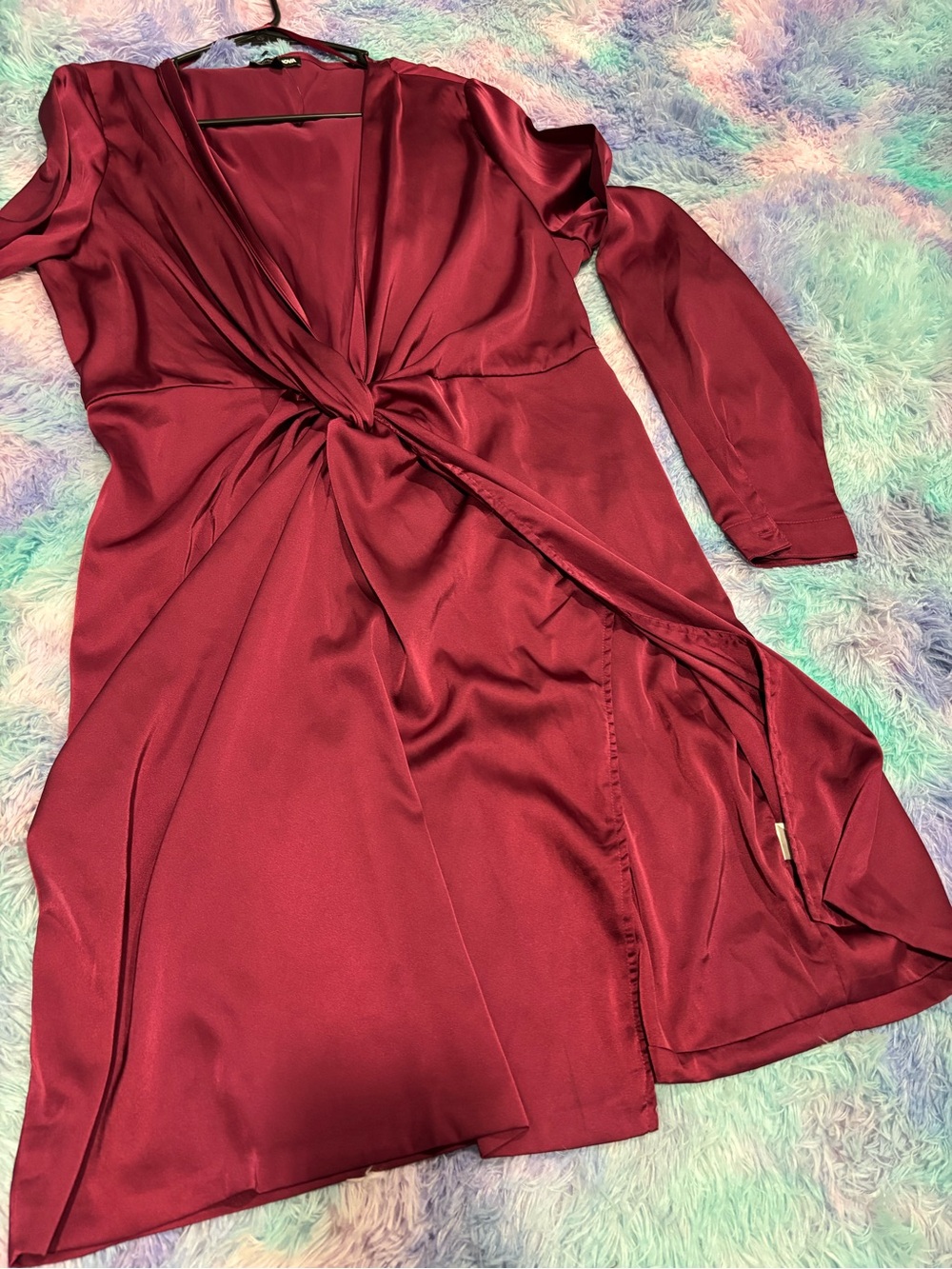 Women's Twist-Front Satin Dress in Burgundy